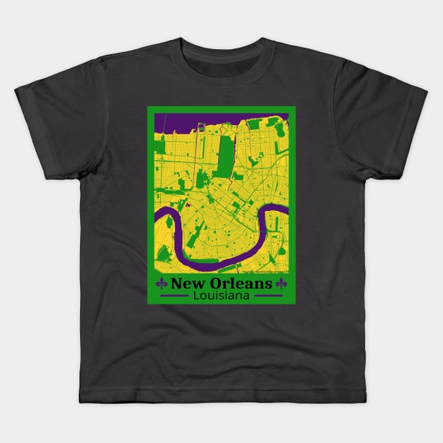 New Orleans Map - Mardi Gras Colors Kids T-Shirt by ObscureDesigns